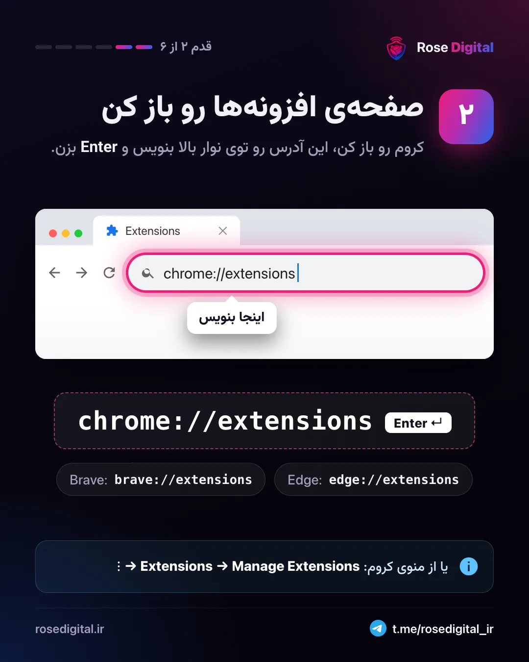 قدم ۲: نوشتن chrome://extensions در نوار آدرس کروم